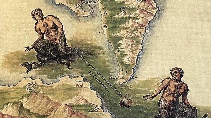 Illustrazione storica di Scilla e Cariddi nello Stretto di Messina, mappa antica della Calabria.
