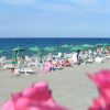Spiaggia affollata con lettini bianchi e ombrelloni verdi.