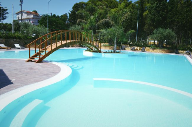 Piscina con ponte in legno circondata da alberi.