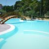 Piscina con ponte in legno circondata da alberi.