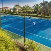 Campo da tennis blu con giocatori, circondato da palme e arbusti.